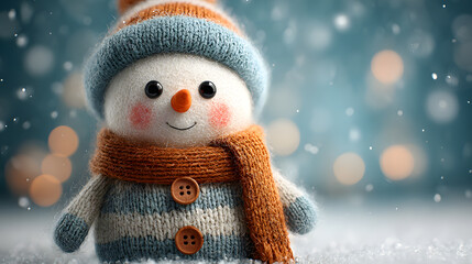 Cute Snowman Toy with Hat and Scarf in Snow for Christmas Holiday Winter Celebration