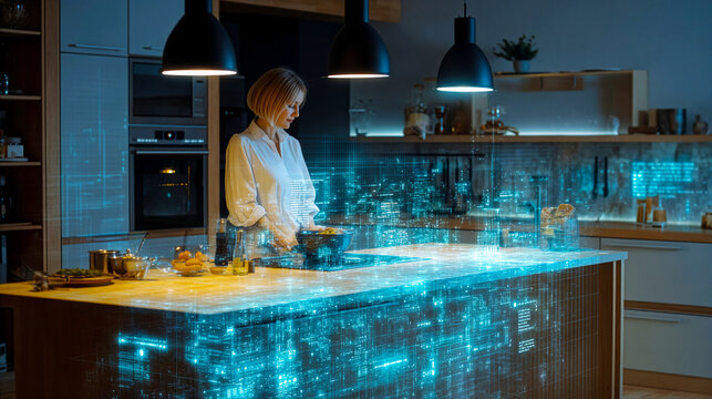 Woman in a smart home kitchen giving voice commands to AI assistant while cooking, holographic interface projected in the air