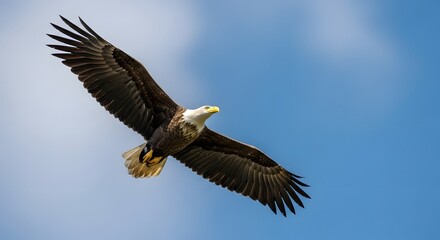 Fototapeta premium Majestic Bald Eagle soaring with fully spread wings against a bright blue sky with light clouds.