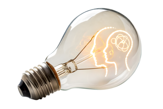 Illuminated lightbulb revealing human head silhouettes for creative thinking solutions - Powered by Adobe