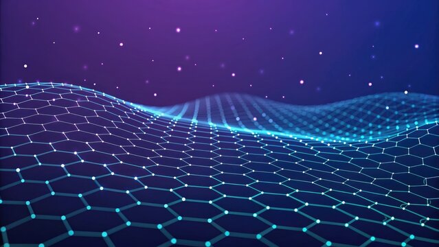 Abstract digital landscape with glowing hexagonal grid and particles dark purple and blue