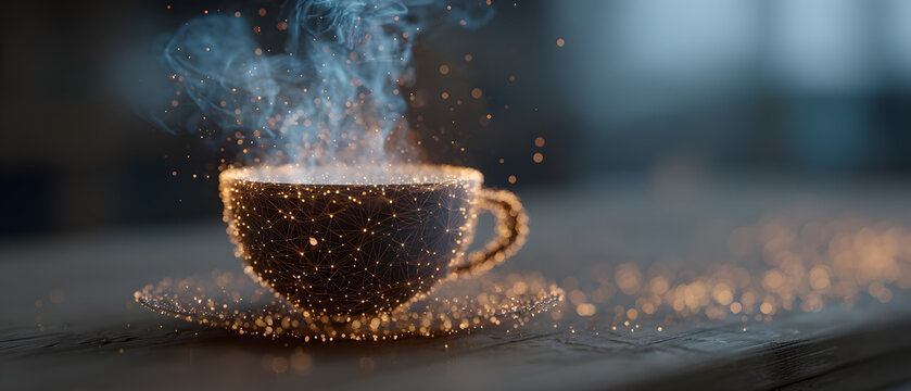Digital Coffee Cup Made of Glowing Network with Particle Steam for a Technology Break
