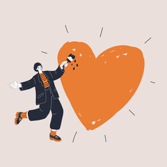 Cartoon vector illustration of a woman painting a large heart as a metaphor for creativity, love, and emotional expression