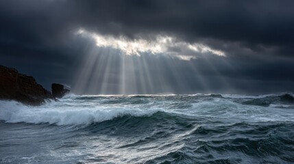 vast stormy ocean, dark clouds with rays of sunlight piercing through, waves crashing against cliffs, cinematic and ultra realistic, dramatic