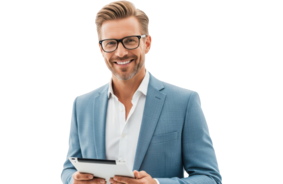 Smiling businessman wearing glasses and a blue suit, holding a tablet computer, looking at the camera, isolated on transparent background