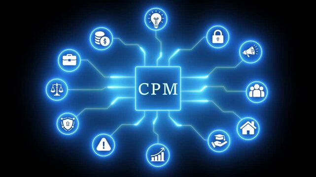CPM Concept Network with Icons Representing Business and Finance on Dark Background cost per mille