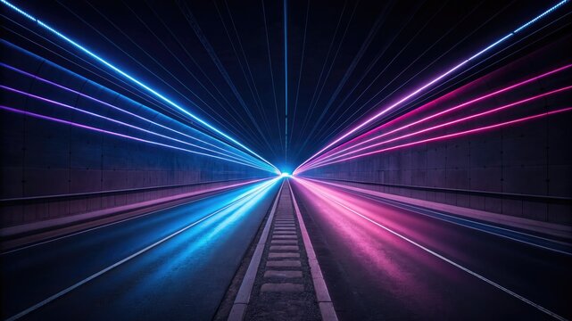Abstract futuristic tunnel with glowing neon blue and pink light trails, symbolizing speed and technology