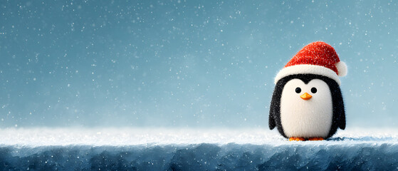 Cute Christmas Penguin Animal with Red Hat in Winter Snow for a Holiday Banner