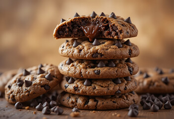 Stack of chocolate chip cookies with melted gooey center