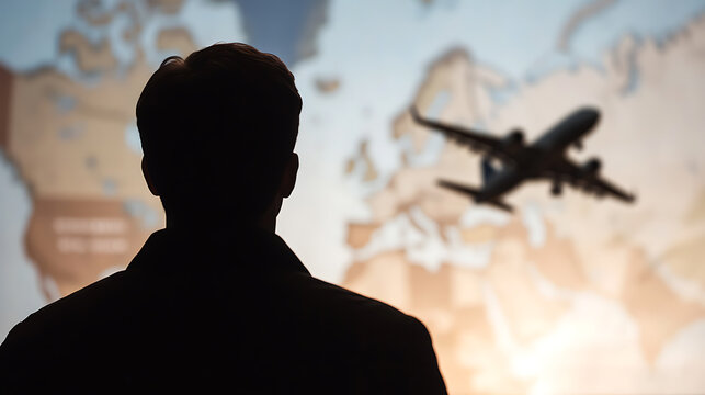 A silhouetted figure gazes at a world map with a plane flying. Focus on global travel, international relations, and the allure of distant destinations.