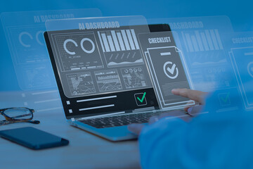 Professional using AI dashboard with holographic checklist overlay on laptop, showing KPI analytics, compliance monitoring, digital process automation for smart workflow, medical data visualization.