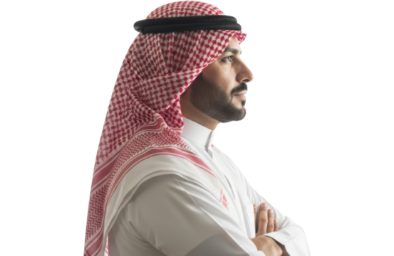 Profile view of a bearded arab man wearing a traditional keffiyeh and thobe, arms crossed, isolated on transparent background