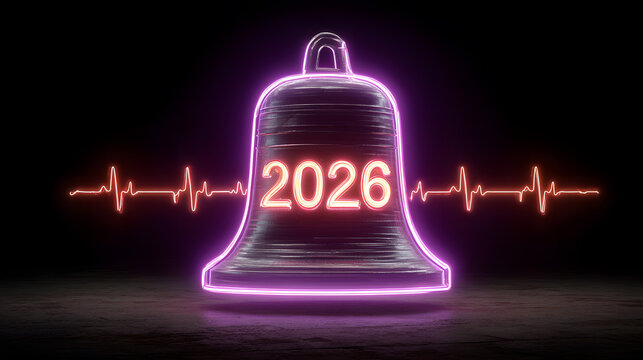 Neon Christmas Bell with 2026 New Year Number and a Red Heartbeat Pulse Line - Powered by Adobe