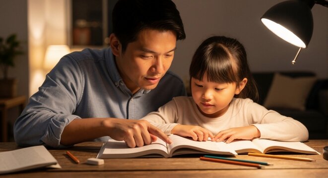 A caring Asian father helps his young daughter with her homework at night. Parent and child reading a book together under a desk lamp. Education and family bonding concept