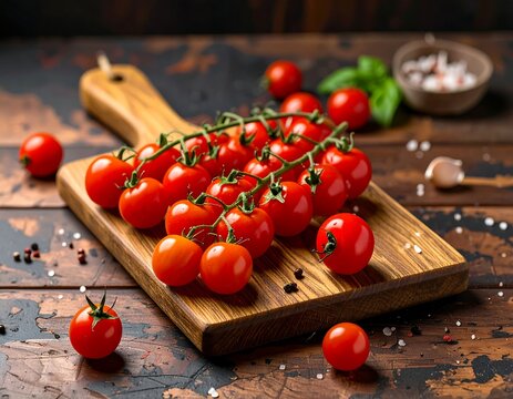 Fresh cherry tomatoes on a wooden cutting board, surrounded by spices and garlic