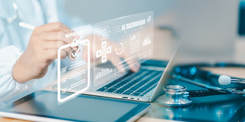 Doctor using AI dashboard on laptop with holographic checklist overlay, visualizing KPI data, workflow efficiency, and compliance monitoring in modern healthcare digital system for smart automation.
