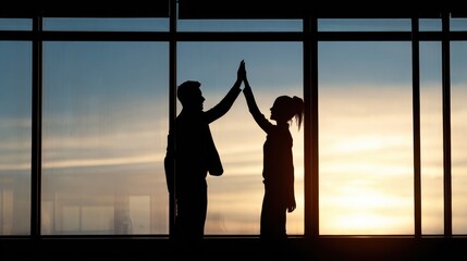 silhouettes of cheerful successful business partners indian businessman and african american businesswoman colleagues giving high five celebrating business triumph in office at panoramic window no lo