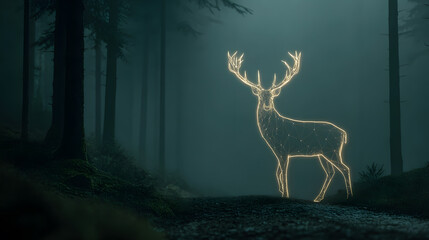 Glowing Hologram Deer Animal with Antler in a Dark Magic Forest at Night Time