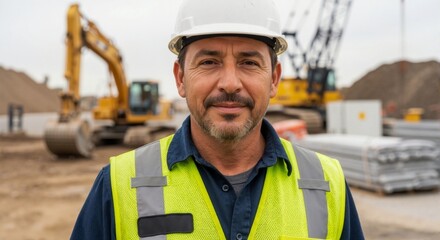 Close up portrait of a confident Hispanic construction worker. Male engineer wearing a hard hat and safety vest on an industrial job site