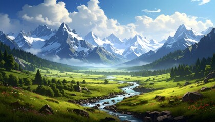 Serene Mountain Valley Landscape with River and Snow-Capped Peaks.