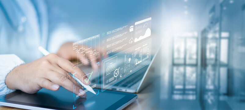 Doctor using digital tablet and laptop with AI dashboard holographic checklist overlay, analyzing KPI, workflow process, and compliance data visualization in modern healthcare digital environment.