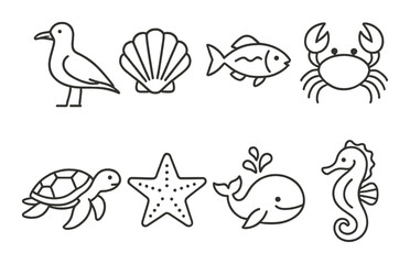 Marine icons: bird, shell, fish, crab, turtle, starfish, whale, seahorse