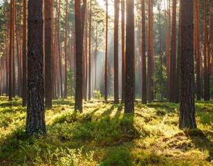 Obraz premium Sunlight filtering through a dense pine forest illuminating the forest floor