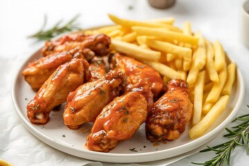 Glazed chicken wings with french fries served on a white plate with rosemary sprigs