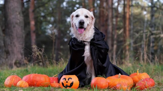 A dog in a witch costume with pumpkins for Halloween. A golden retriever is sitting in an autumn park, holding a festive bucket of pumpkin-shaped sweets in his mouth. - Powered by Adobe