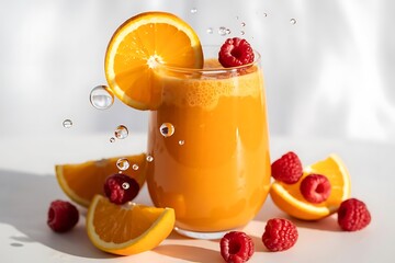 Orange juice in glass with raspberries and orange slices and water droplets