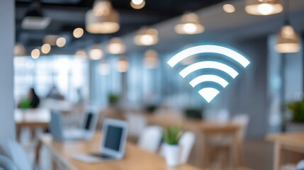 wifi access icon glowing above blurred busy coworking space with laptops and smartphones, symbol of internet connectivity