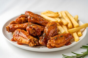 Plate of glistening barbecue chicken wings with french fries and rosemary garnish