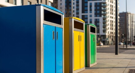 Modern waste containers for recycling on a city street. Blue, yellow, and green bins for waste separation. Urban environmental sustainability concept