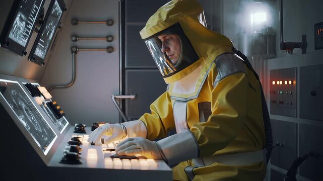 Hazmat Radiation Suit Scientist at Control Console Nuclear Energy Power Plant Radioactive Safety Science Industry