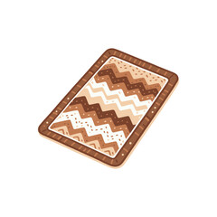 A beautifully decorated rectangular cake with zigzag patterns in chocolate and vanilla, set against a white background, showcasing a dessert perfect for celebrations or events