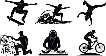 Obraz premium Urban street culture silhouettes, skateboarding trick, surfing wave, breakdancing move, graffiti art, DJ music mixing, BMX cycling, extreme sports lifestyle, youth activity illustration