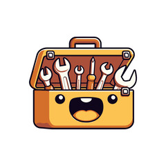 A cheerful cartoon toolbox overflowing with various tools, set against a simple white background