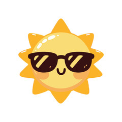 A cheerful cartoon sun wearing sunglasses, radiating happiness in a vibrant design, ideal for summer themes