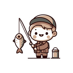 A cheerful child fishing by a serene lake, holding a caught fish with a bucket nearby