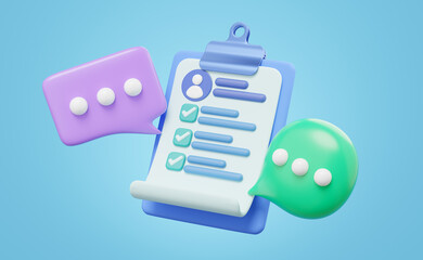 Stylized 3D rendering of a professional blue clipboard showing a checklist with completed tasks and a user icon, with two conversation bubbles. Ideal for communication, feedback, and task management.