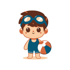 A cheerful child in swim gear holding a beach ball, ready for fun at the poolside