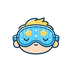 A cheerful child wearing a blue sleep mask with stars, peacefully resting at home