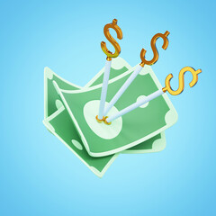 3D render of stylized green dollar bills with three golden dollar signs piercing through them, symbolizing financial success, investment returns, or target achievement on a light blue background.
