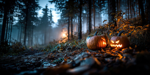 Obraz premium Halloween pumpkins in a dark forest, created by ai