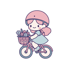 A cheerful girl riding a bicycle adorned with a flower basket, set against a simple background