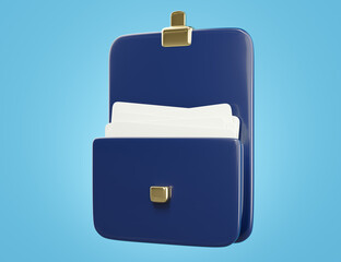 Stylized 3D rendering of an elegant dark blue card holder or wallet with gold clasps, containing blank white cards, on a vibrant light blue background. Perfect for banking and personal finance.