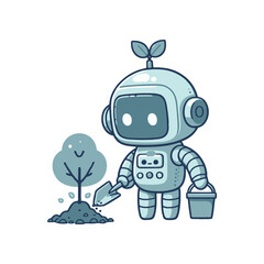 A cheerful robot planting a small tree with a smiley face in a serene environment
