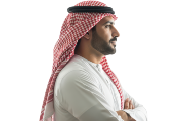 An arab man wearing a traditional red and white keffiyeh and white thobe, looking to the side with arms crossed isolated on transparent background