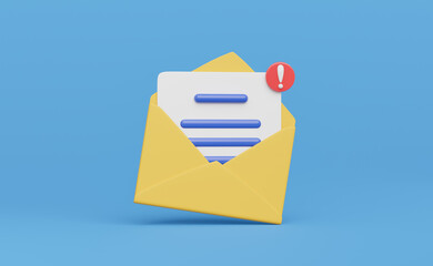3D render of an open yellow envelope with a white document inside, featuring blue lines and a red exclamation mark notification, set against a vibrant blue background. Modern communication concept.
