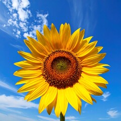 Bright sunflower against a vibrant blue sky dotted with fluffy white clouds